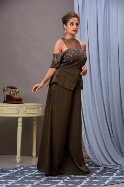 Olive Green Satin Embellished Jumpsuit