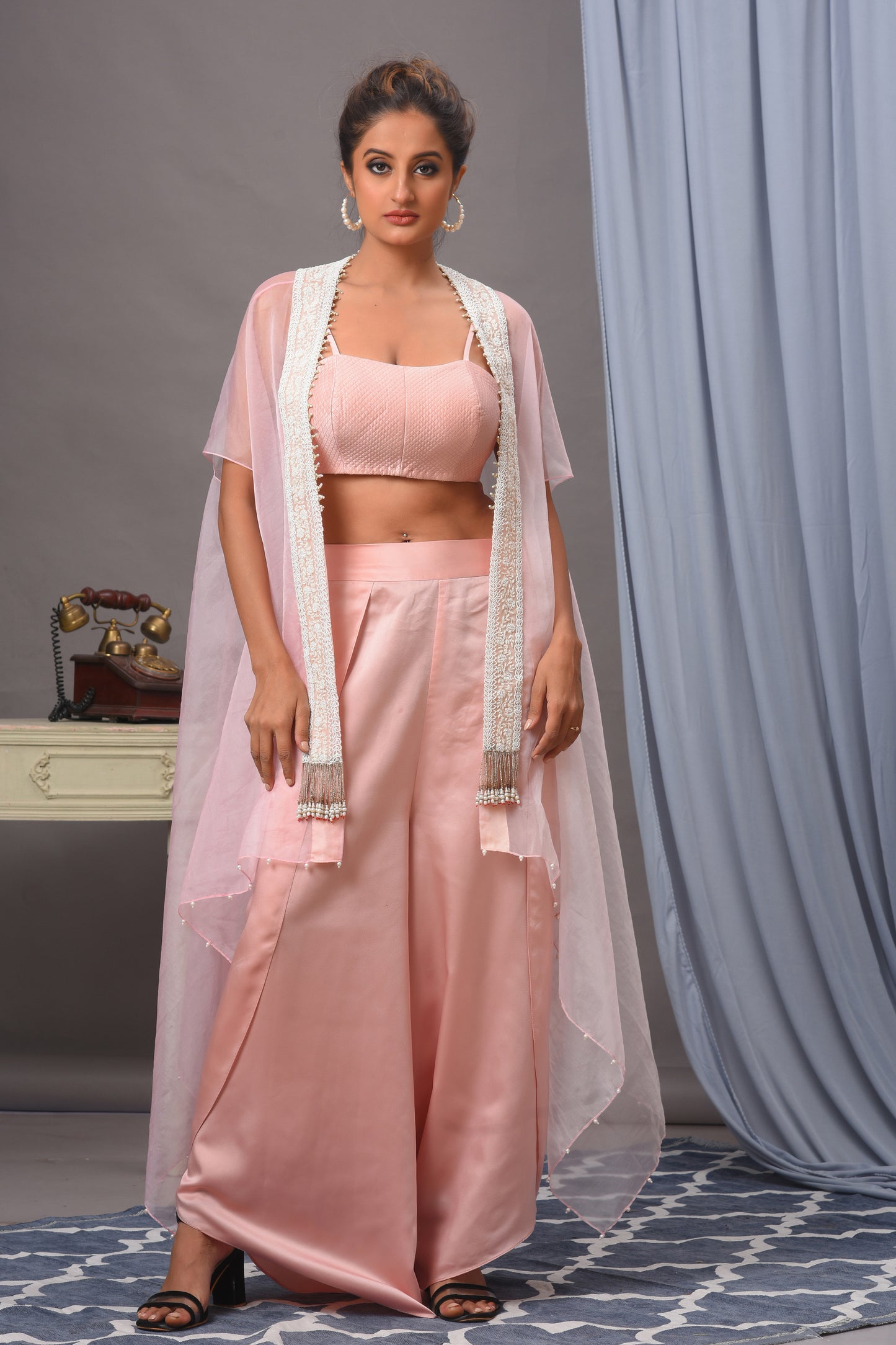 Baby Pink Modal Satin and Organza Palazzo Set