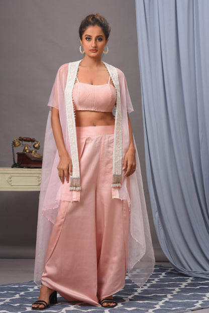 Baby Pink Modal Satin and Organza Palazzo Set