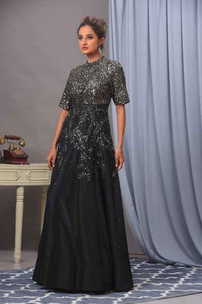 Black Crepe Embroidered & Sequin Embellished Gown