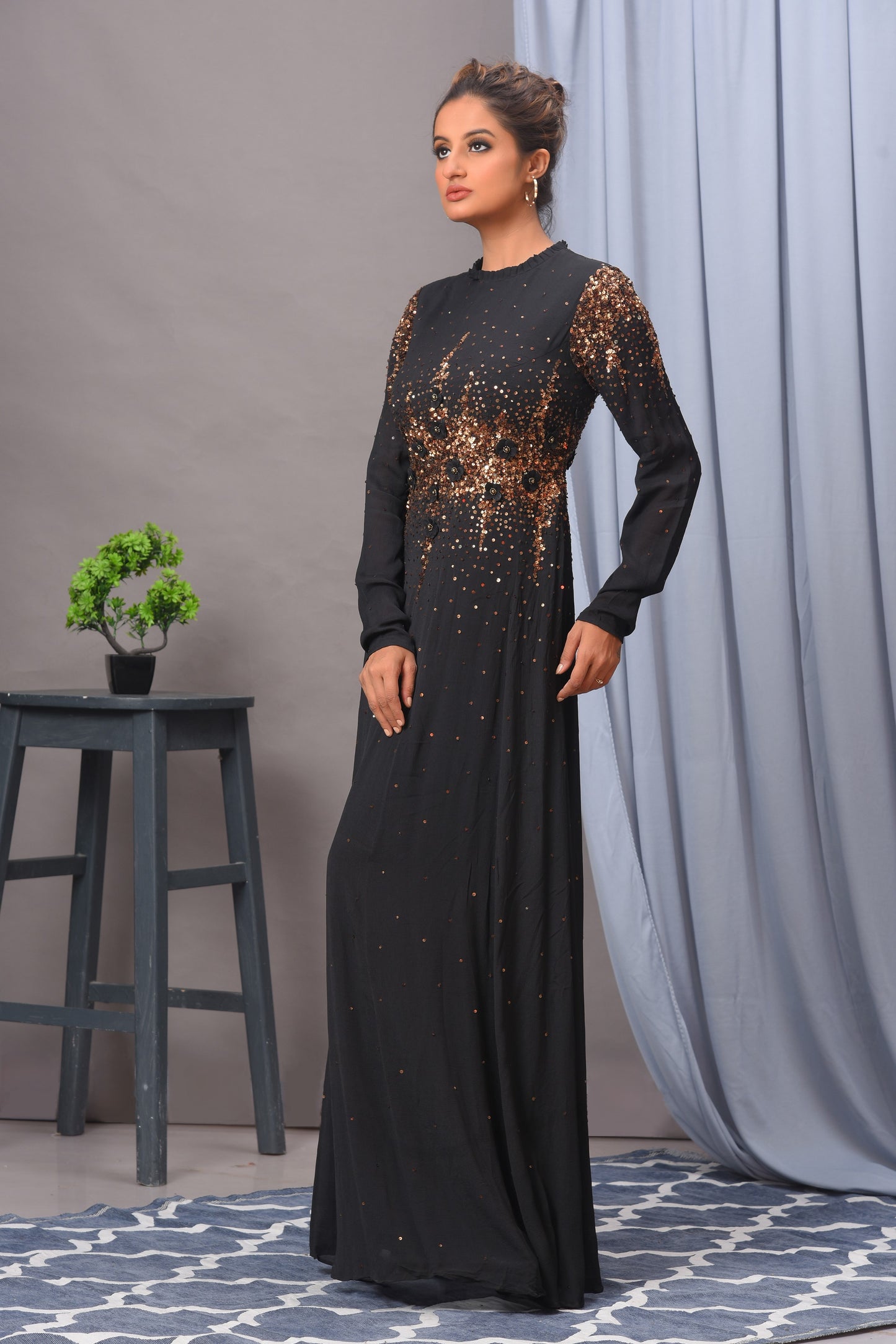 Black Chiffon Embroidered Gown