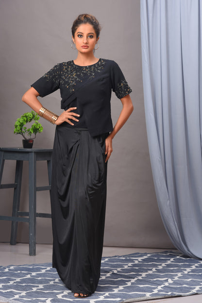 Black Draped Spandex Skirt Set
