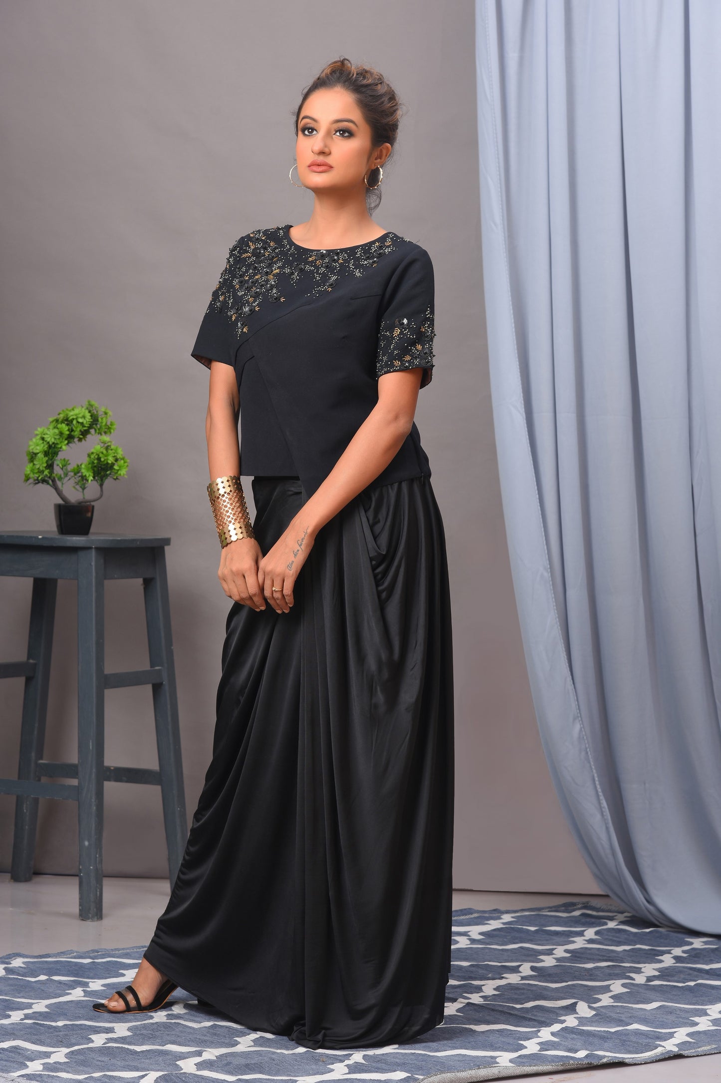 Black Draped Spandex Skirt Set