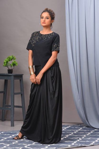 Black Draped Spandex Skirt Set