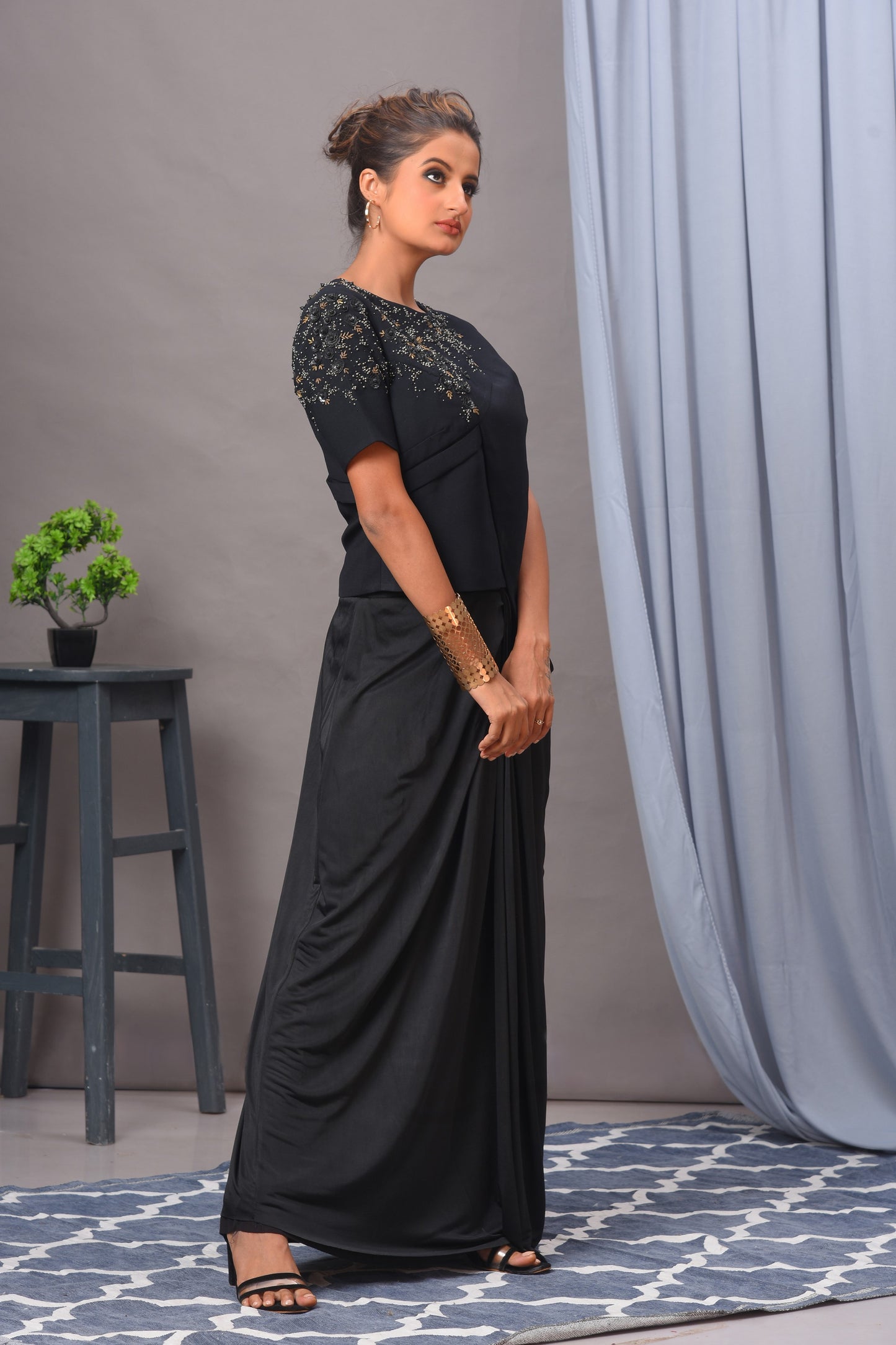 Black Draped Spandex Skirt Set