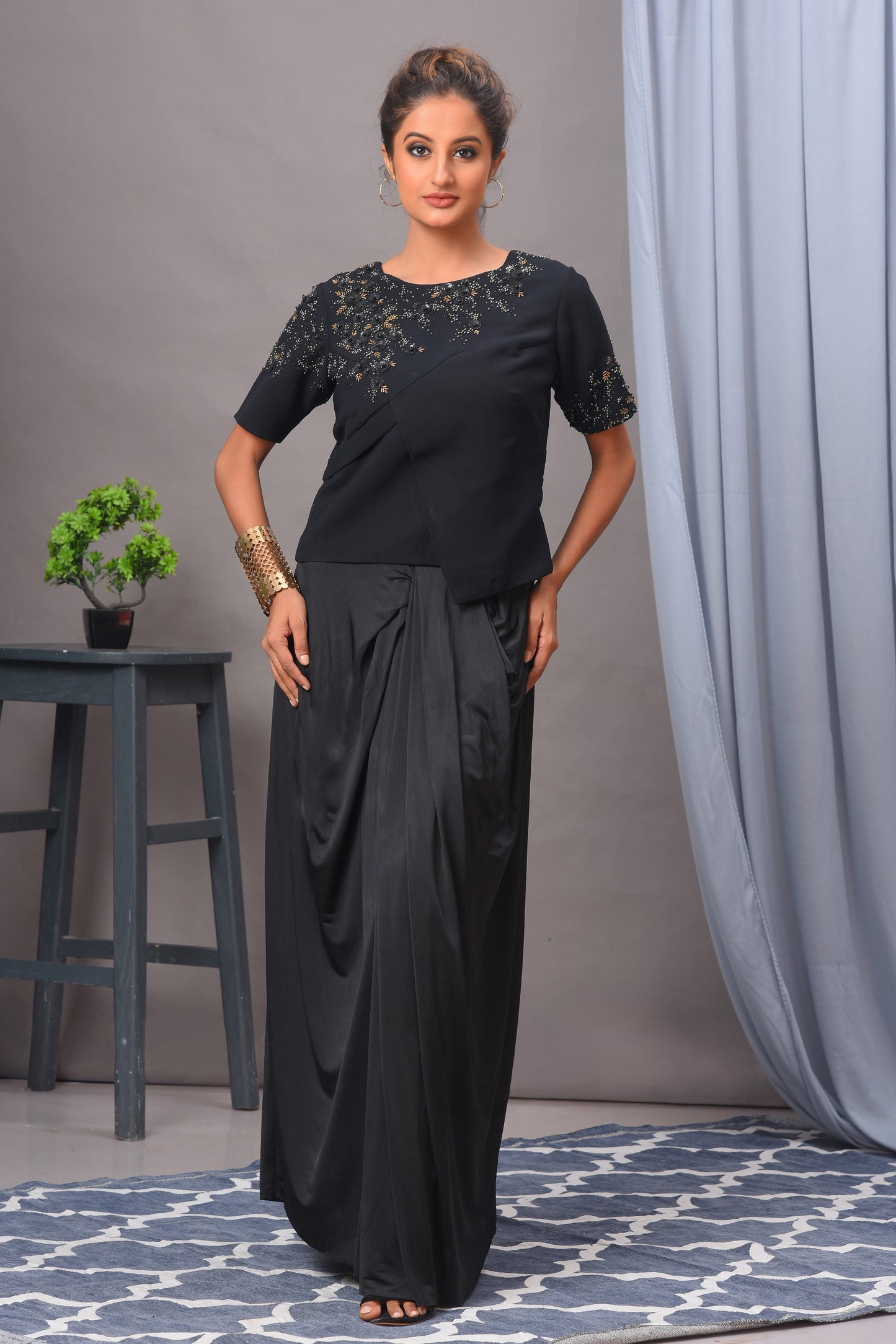 Black Draped Spandex Skirt Set