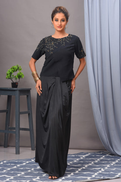 Black Draped Spandex Skirt Set