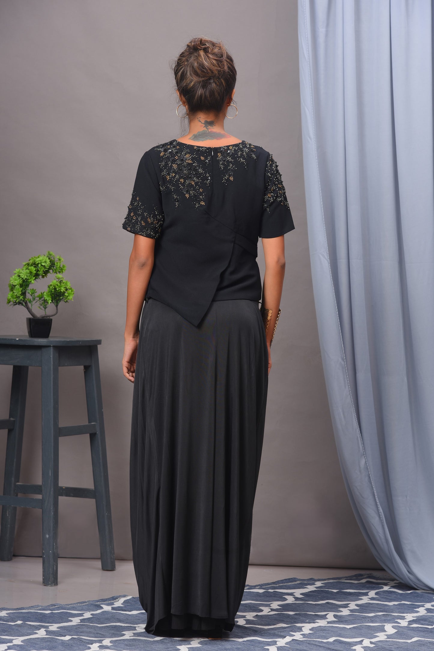 Black Draped Spandex Skirt Set
