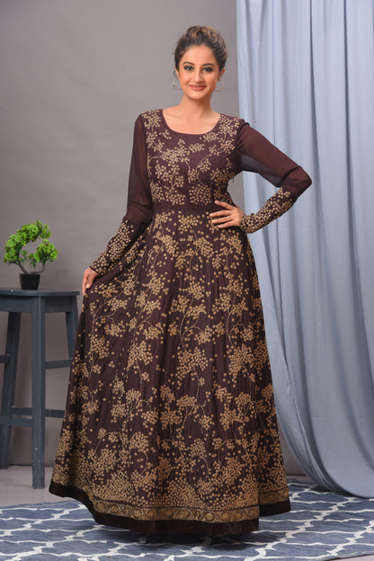 Coffee Brown Silk Antique Gold Embroidered Gown