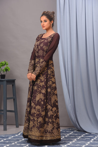 Coffee Brown Silk Antique Gold Embroidered Gown