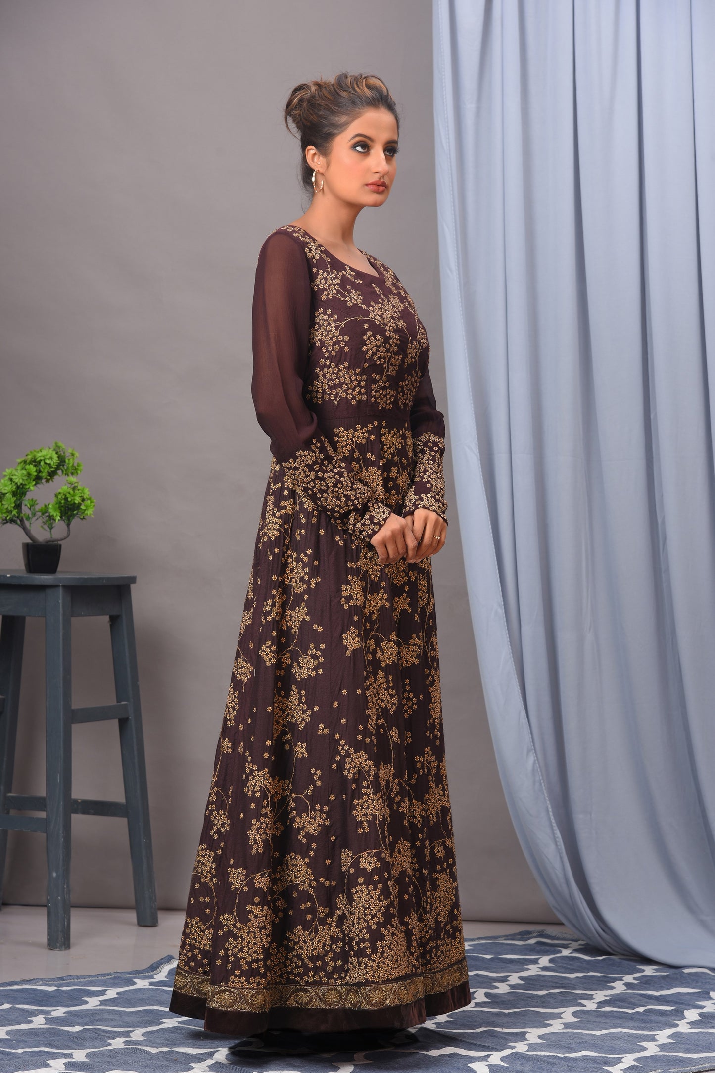Coffee Brown Silk Antique Gold Embroidered Gown