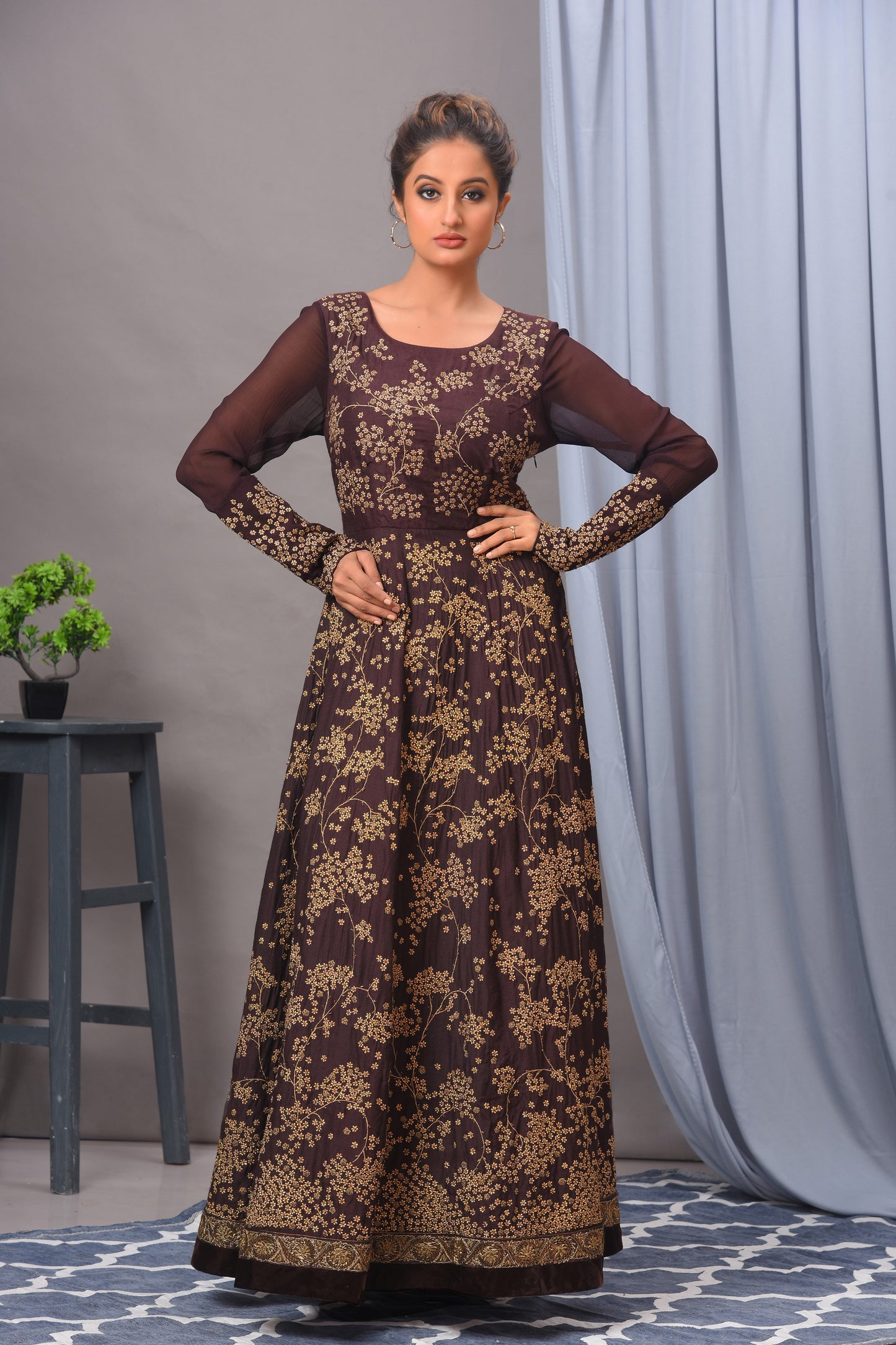 Coffee Brown Silk Antique Gold Embroidered Gown