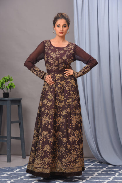 Coffee Brown Silk Antique Gold Embroidered Gown