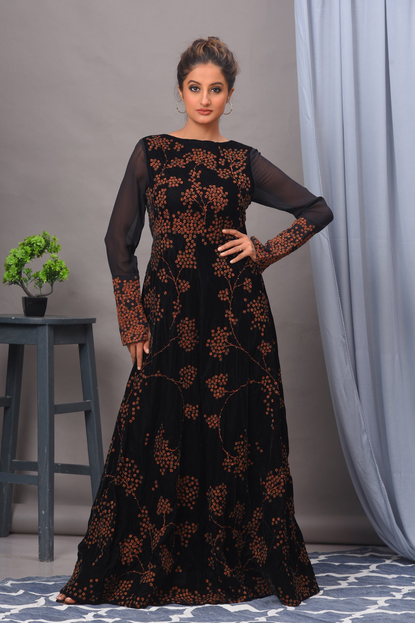 Black Velvet Embellished Gown