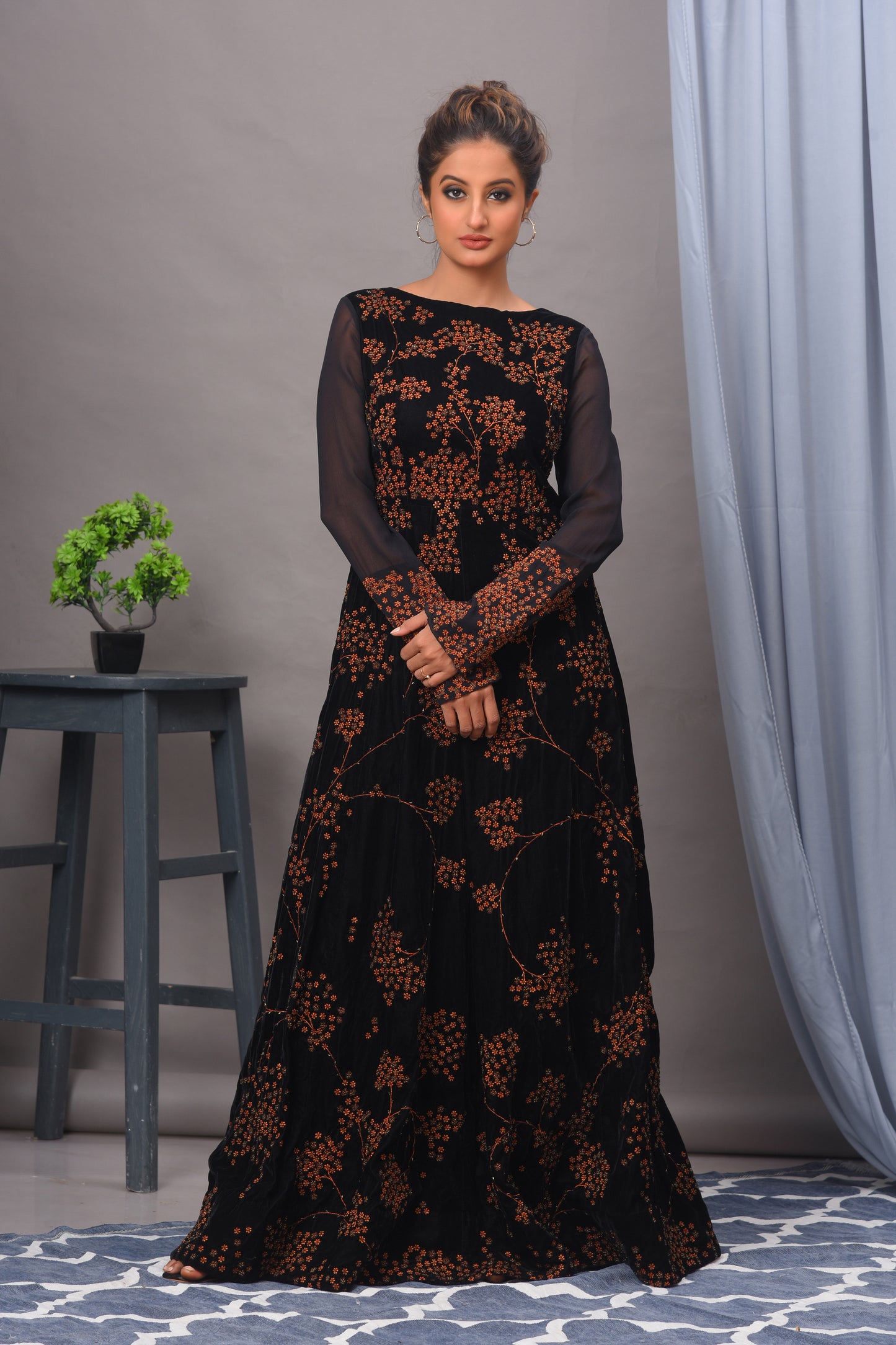 Black Velvet Embellished Gown