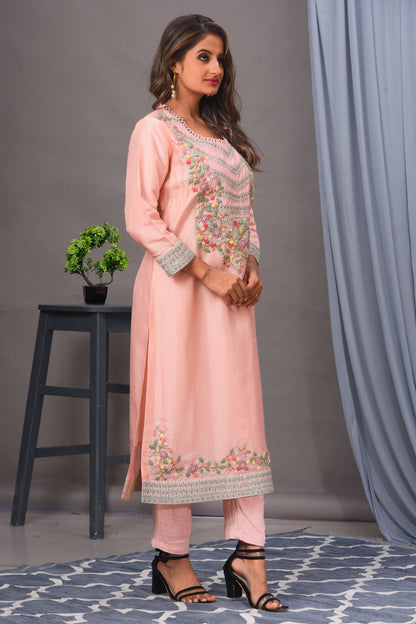 Peach Bamberg Silk Embroidered Straight Kurta Set