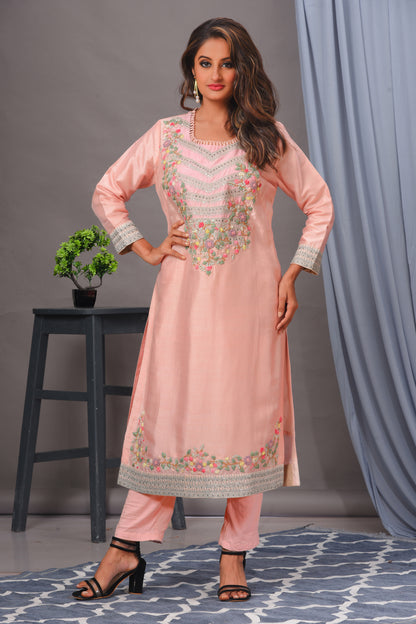 Peach Bamberg Silk Embroidered Straight Kurta Set