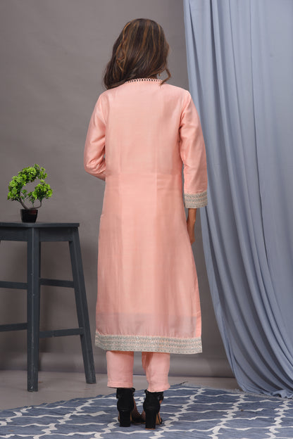 Peach Bamberg Silk Embroidered Straight Kurta Set