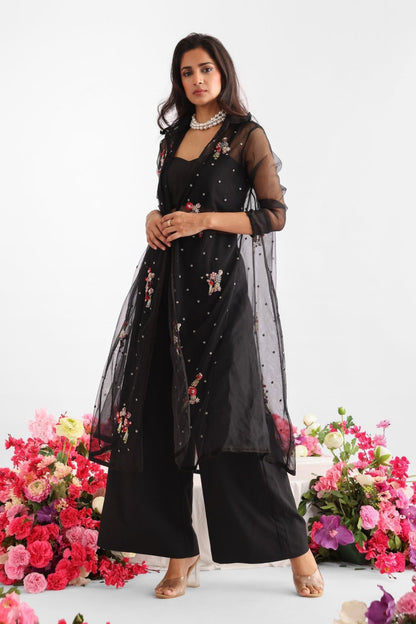 Black Embroidered Midnight Bloom Net Jacket Set