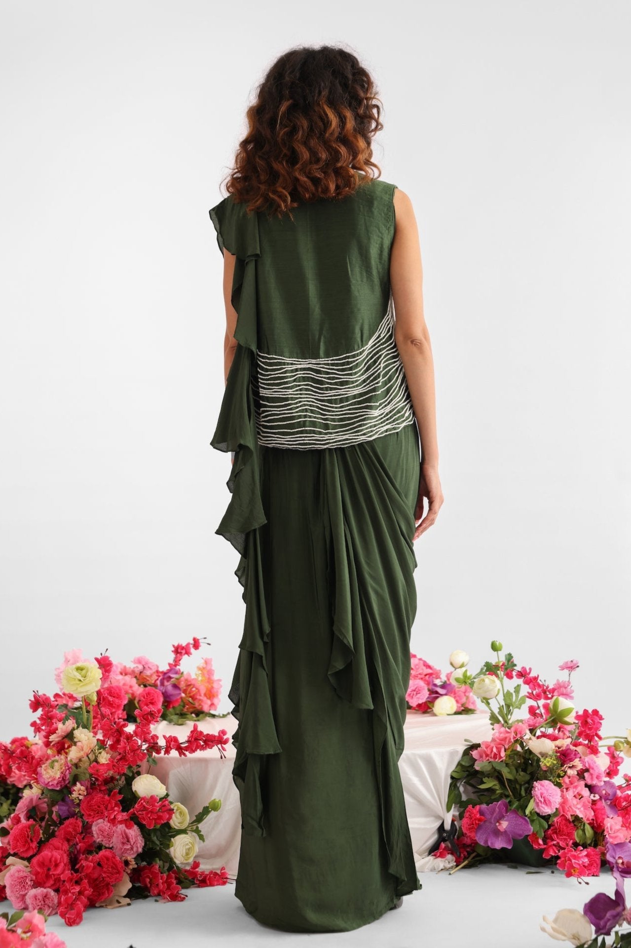 Embroidered Bottle Green Ruffled Saree Set