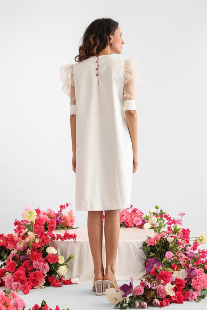 Blossom White Shift Dress With Puff Sleeves
