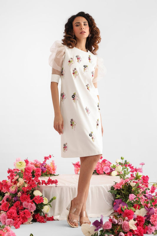 Blossom White Shift Dress With Puff Sleeves