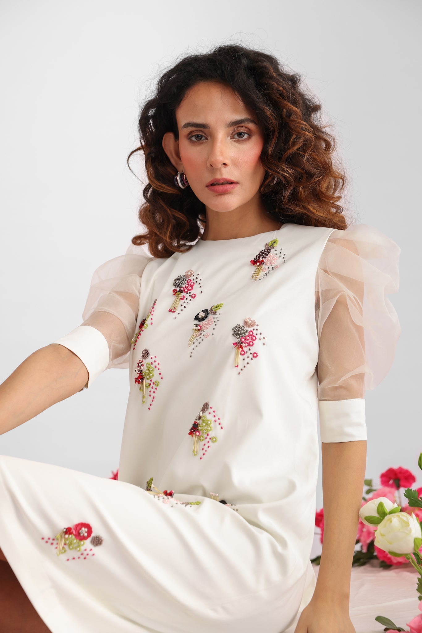 Blossom White Shift Dress With Puff Sleeves