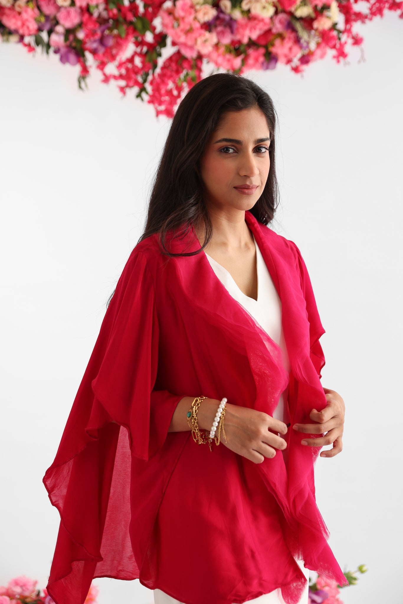 Pink Layered Net Jacket With Palazzo Set