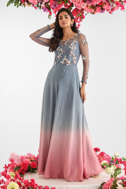Greyish Blue Habutai Silk Embroidered Gown