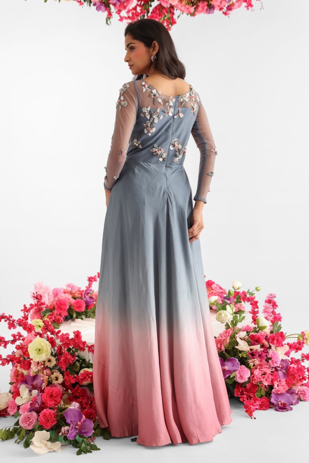 Greyish Blue Habutai Silk Embroidered Gown