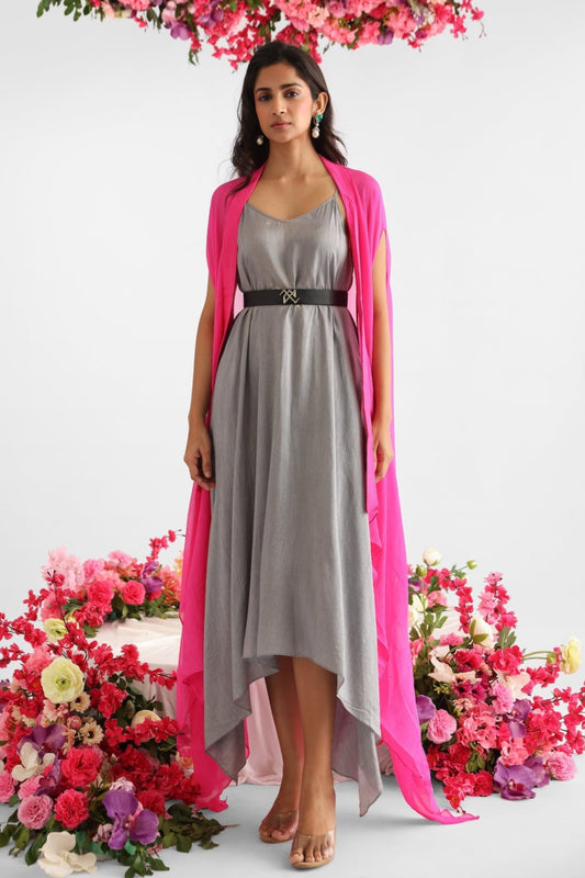 Grey Flowy Dress With Pink Chiffon Cape