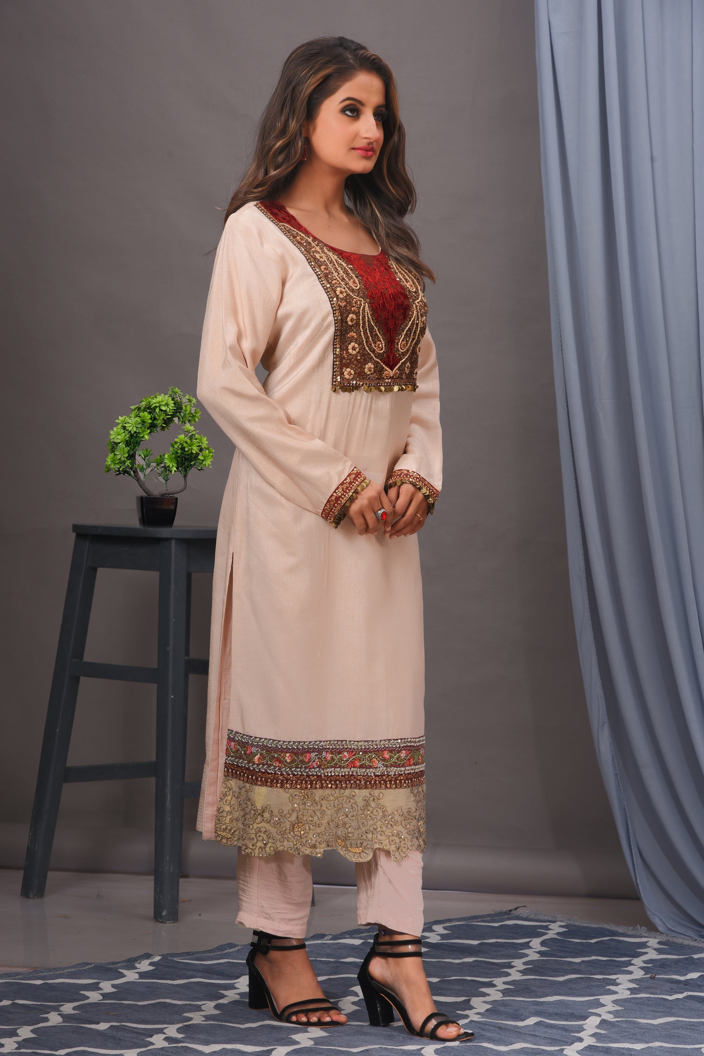 Light Peach Bamberg Silk Embroidered Straight Kurta Set