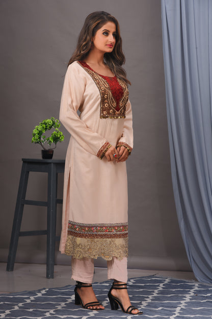 Light Peach Bamberg Silk Embroidered Straight Kurta Set