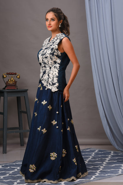 Deep Persian Blue Bamberg Silk Embroidered Skirt Set