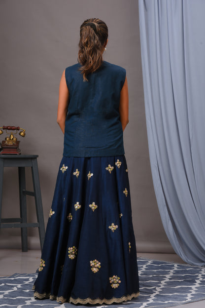 Deep Persian Blue Bamberg Silk Embroidered Skirt Set