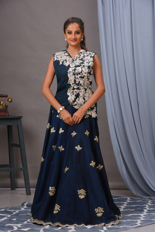 Deep Persian Blue Bamberg Silk Embroidered Skirt Set