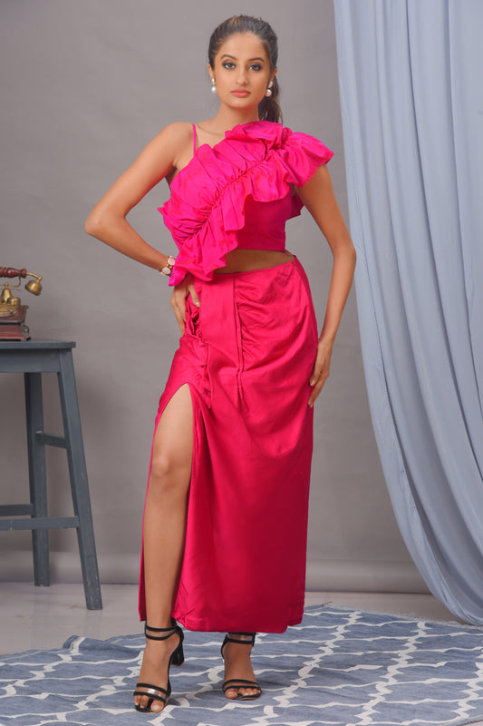 Fuchsia Pink Blended Cotton Draped Skirt Set