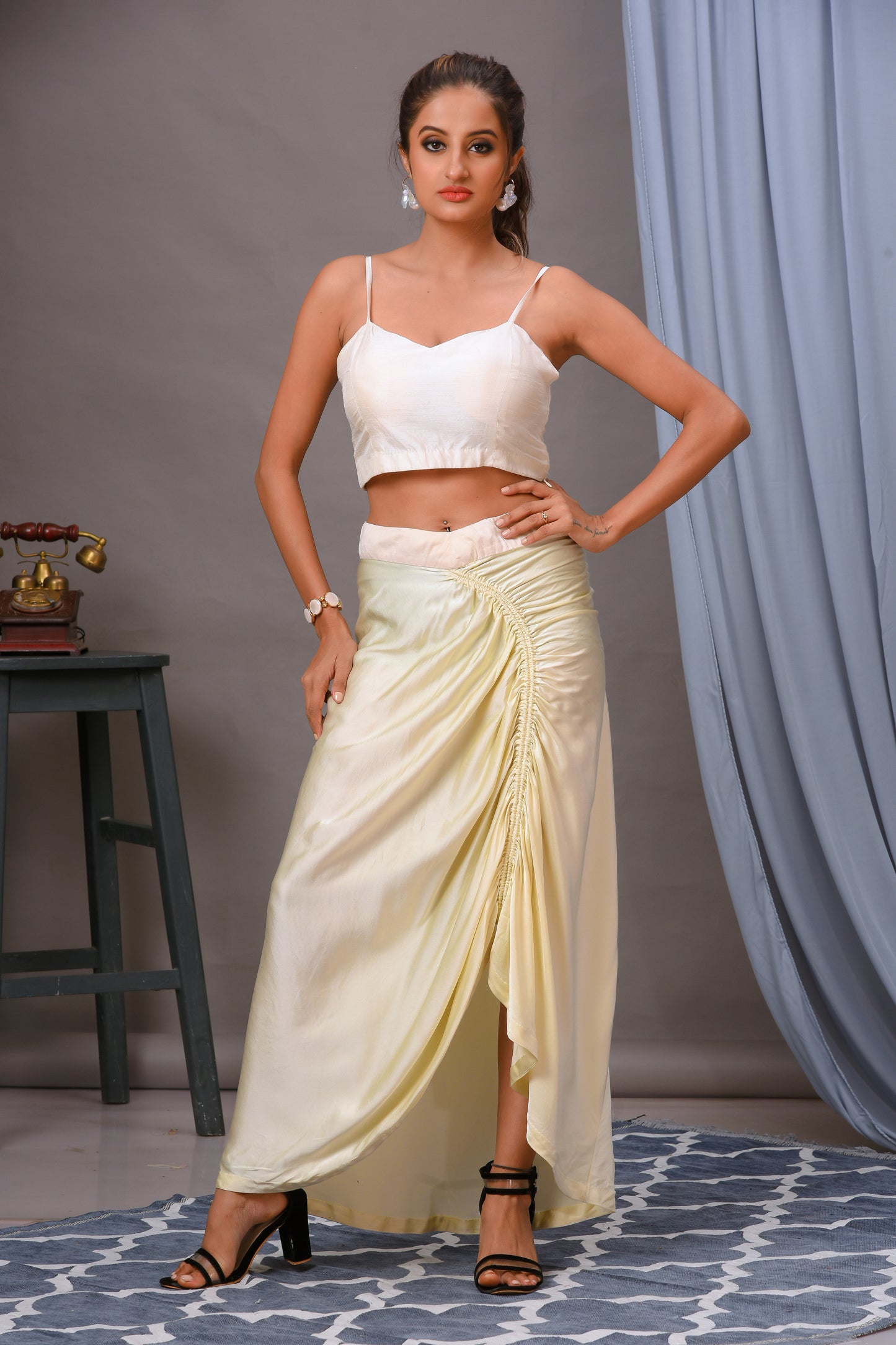 Ivory Modal Satin Embroidered Ruched Cape Skirt Set