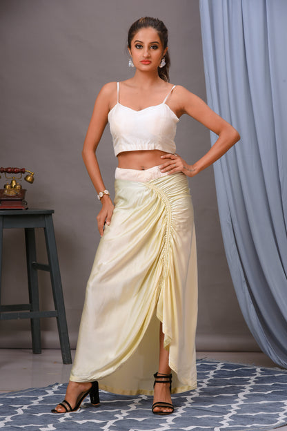 Ivory Modal Satin Embroidered Ruched Cape Skirt Set