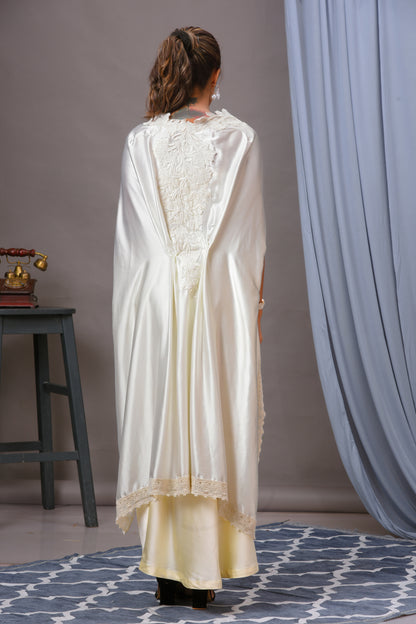 Ivory Modal Satin Embroidered Ruched Cape Skirt Set