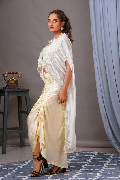 Ivory Modal Satin Embroidered Ruched Cape Skirt Set