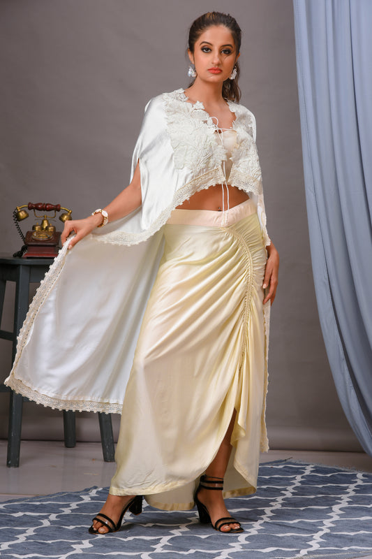 Ivory Modal Satin Embroidered Ruched Cape Skirt Set