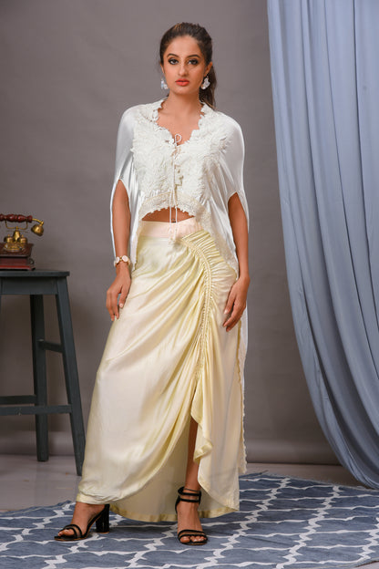 Ivory Modal Satin Embroidered Ruched Cape Skirt Set