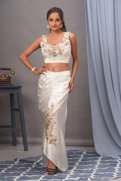 Ivory Modal Satin Embroidered Ruched Skirt Set