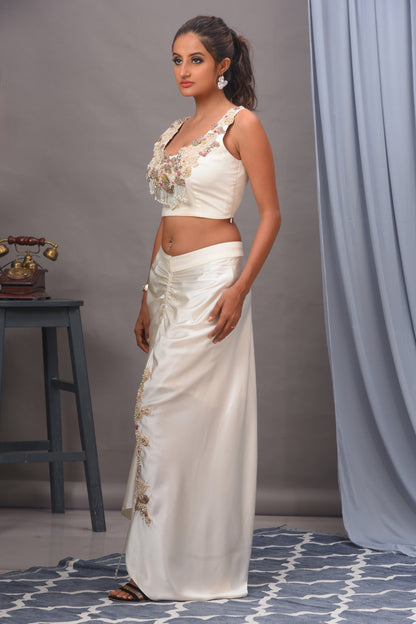 Ivory Modal Satin Embroidered Ruched Skirt Set