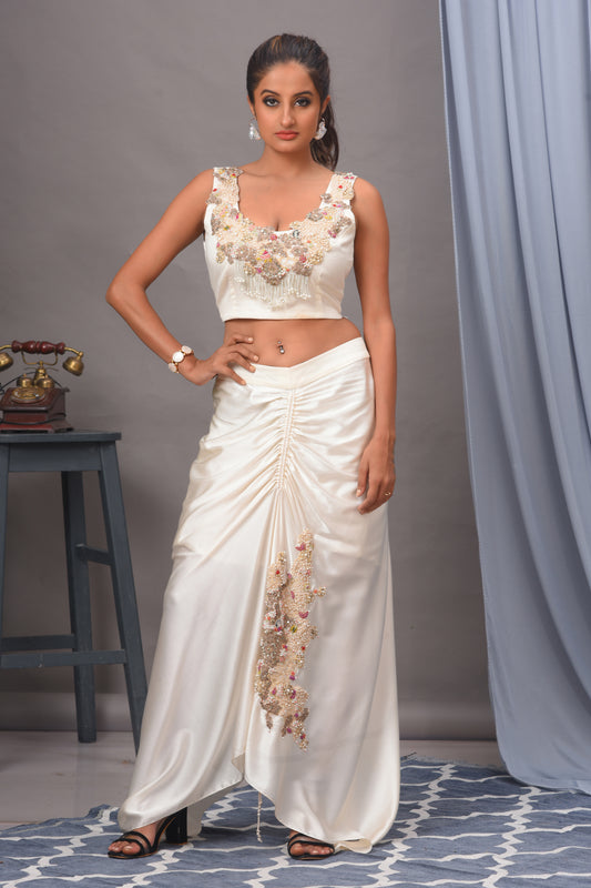 Ivory Modal Satin Embroidered Ruched Skirt Set
