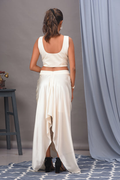 Ivory Modal Satin Embroidered Ruched Skirt Set