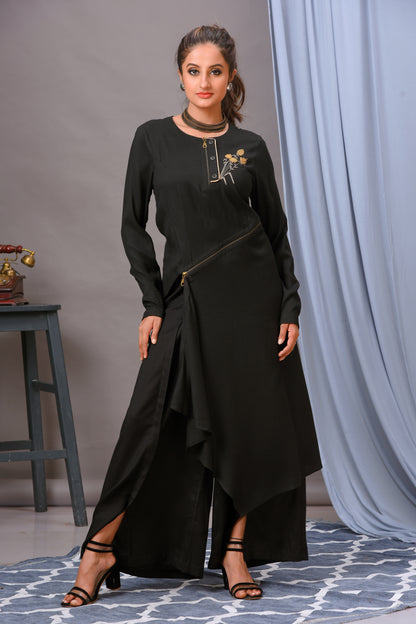 Black Cotton Rayon Asymmetric Tunic Set