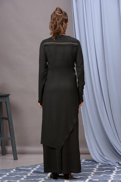 Black Cotton Rayon Asymmetric Tunic Set