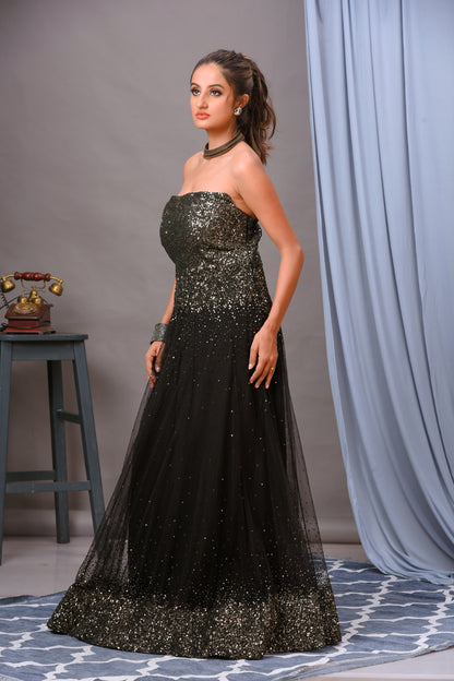 Black Net Sequin Embellished Off Shoulder Gown